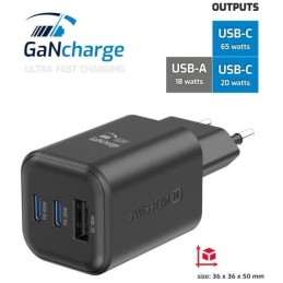 Swissten síťový adaptér gan 2x usb-c 65w pd + 1x usb-a 18w qc černý