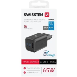 Swissten síťový adaptér gan 2x usb-c 65w pd + 1x usb-a 18w qc černý