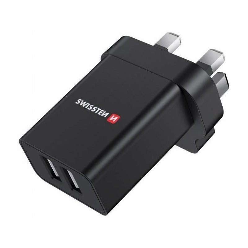 Swissten síťový adaptér 2x usb 10,5w pro uk zásuvku černý