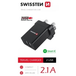 Swissten síťový adaptér 2x usb 10,5w pro uk zásuvku černý