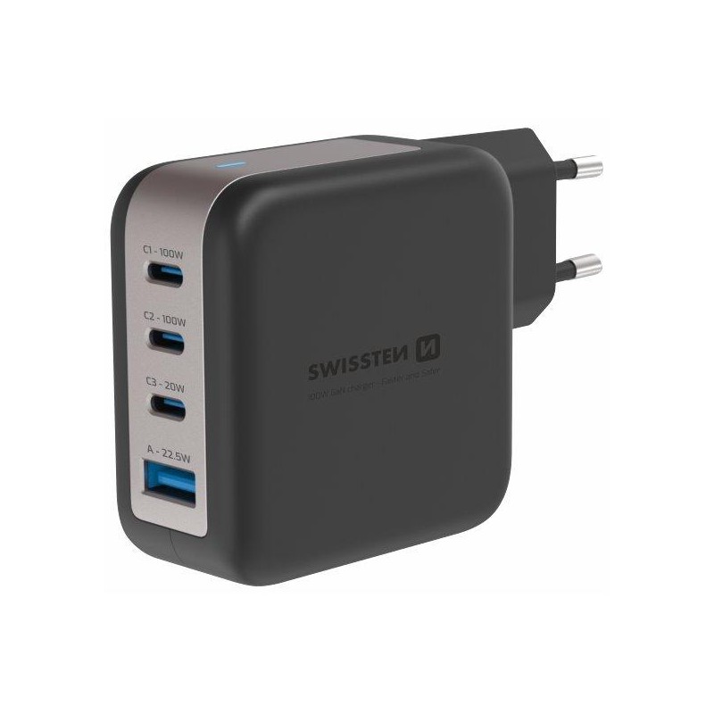 Swissten síťový adaptér gan 3x usb-c 100w pd + 1x usb-a 18w qc černý