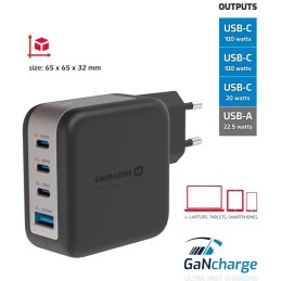 Swissten síťový adaptér gan 3x usb-c 100w pd + 1x usb-a 18w qc černý