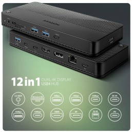 AXAGON dockovací stanice USB4 40Gbps s duálním 4K výstupem / HMC-U4 / HDMI / DP / PD100W / 5x USB / USB-C kabel 80cm