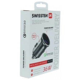 Swissten cl adaptér power delivery usb-c + quick charge 3.0 36w metal stříbrný