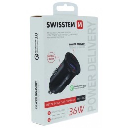 Swissten cl adaptér power delivery usb-c + quick charge 3.0 36w metal černý
