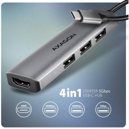 AXAGON multi 4in1 USB-C hub / HMC-H3A / USB 3.2 Gen1 / 3x USB-A / HDMI / 15cm