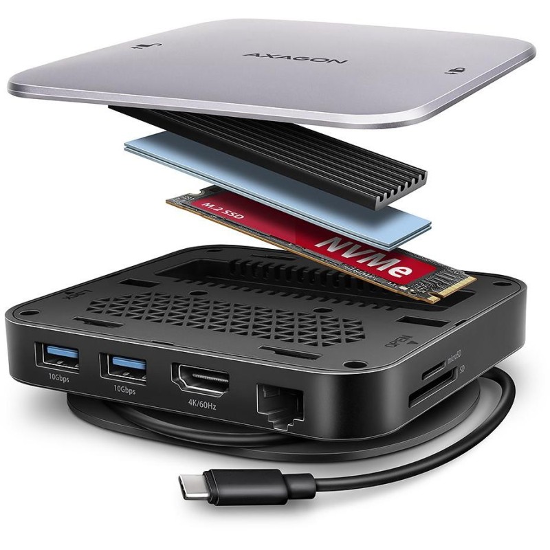 AXAGON multi USB-C hub 9in1 UFO / HMC-UFO / PD 100W / 1xNVME slot / 1xUSB-C / 2xUSB-A / HDMI / RJ-45 / SD/MicroSD / 65cm
