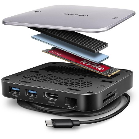 AXAGON multi USB-C hub 9in1 UFO / HMC-UFO / PD 100W / 1xNVME slot / 1xUSB-C / 2xUSB-A / HDMI / RJ-45 / SD/MicroSD / 65cm