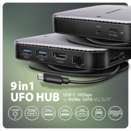 AXAGON multi USB-C hub 9in1 UFO / HMC-UFO / PD 100W / 1xNVME slot / 1xUSB-C / 2xUSB-A / HDMI / RJ-45 / SD/MicroSD / 65cm