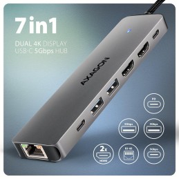 AXAGON multi USB-C hub 7in1 / HMC-7HX2 / PD 100W / 1xUSB-C / 2xUSB-A / 2xHDMI / RJ-45 / kabel 15cm
