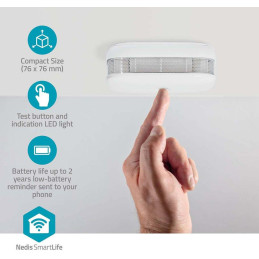 NEDIS Wi-Fi chytrý detektor kouře/ napájení z baterie/ hlasitost 85 dB/ výdrž snímače 10 let/ Android & iOS/ bílý