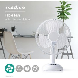 NEDIS stolní ventilátor/ průměr 30 cm/ výkon 35 W/ 3 rychlosti/ funkce oscilace/ kabel 1,5 m/ bílý