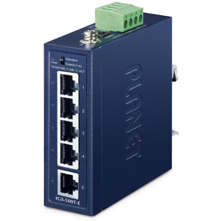 Planet IGS-500T-E, 5x 1000Base-T, DIN, IP40, rozšířený teplotní rozsah -40 až +75C, ESD+EFT do 6kV, dual 12~55VDC, 250m