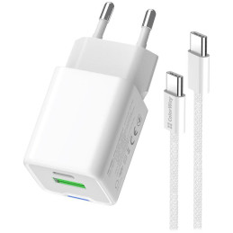 COLORWAY 1x USB-C/ 1x USB-A/ síťová nabíječka/ GaN/ PD/ PPS/ 20W/ Bílá + 1x USB-C kabel