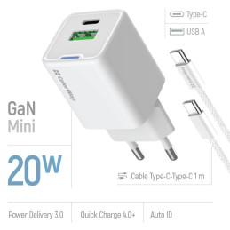 COLORWAY 1x USB-C/ 1x USB-A/ síťová nabíječka/ GaN/ PD/ PPS/ 20W/ Bílá + 1x USB-C kabel