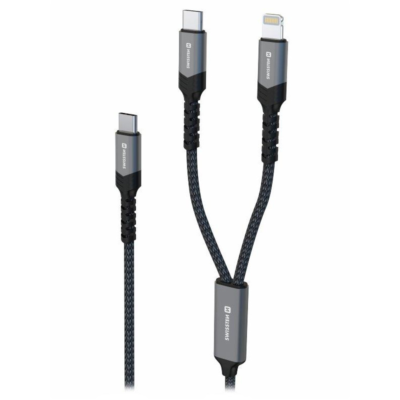 Swissten nabíjecí kabel 2v1 USB-C / USB-C + lightning 100w 1,5 m černý