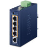 Planet ISW-504PT-E industrial compact switch, 1x10/100TX, 4x10/100TX PoE+ 802.3at 120W, -40~75°C, 48-55VDC, IP40