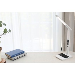 IMMAX LED stolní lampička Kingfisher/ Qi nabíjení/ 8,5W/ 400lm/ 12V/2,5A/ 3 barvy světla/ sklápěcí rameno/ bílá