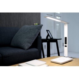 IMMAX LED stolní lampička Kingfisher/ Qi nabíjení/ 8,5W/ 400lm/ 12V/2,5A/ 3 barvy světla/ sklápěcí rameno/ bílá