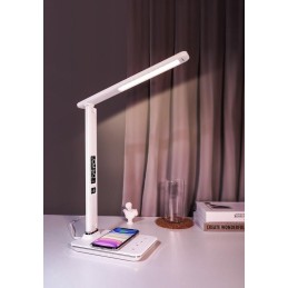 IMMAX LED stolní lampička Kingfisher/ Qi nabíjení/ 8,5W/ 400lm/ 12V/2,5A/ 3 barvy světla/ sklápěcí rameno/ bílá