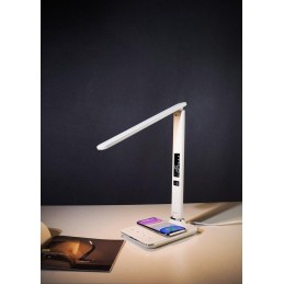 IMMAX LED stolní lampička Kingfisher/ Qi nabíjení/ 8,5W/ 400lm/ 12V/2,5A/ 3 barvy světla/ sklápěcí rameno/ bílá