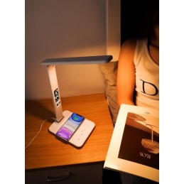 IMMAX LED stolní lampička Kingfisher/ Qi nabíjení/ 8,5W/ 400lm/ 12V/2,5A/ 3 barvy světla/ sklápěcí rameno/ bílá