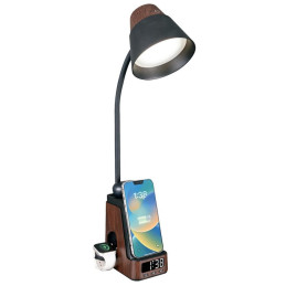 IMMAX LED stolní lampička IDEAL/ Qi nabíjení/ CCT/ 8W/ 800lm/ budík s hodinami/ tmavé dřevo/černá