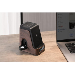 IMMAX LED stolní lampička IDEAL/ Qi nabíjení/ CCT/ 8W/ 800lm/ budík s hodinami/ tmavé dřevo/černá