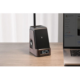 IMMAX LED stolní lampička IDEAL/ Qi nabíjení/ CCT/ 8W/ 800lm/ budík s hodinami/ tmavé dřevo/černá