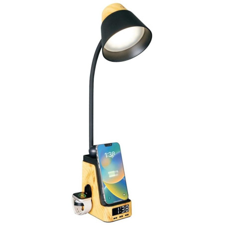 IMMAX LED stolní lampička IDEAL/ Qi nabíjení/ CCT/ 8W/ 800lm/ budík s hodinami/ světlé dřevo/černá