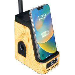 IMMAX LED stolní lampička IDEAL/ Qi nabíjení/ CCT/ 8W/ 800lm/ budík s hodinami/ světlé dřevo/černá