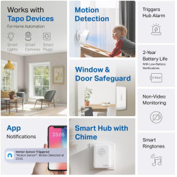 TP-Link Tapo T30 KIT, 1×Tapo T100, 2×Tapo T110, 1×Tapo H100, pohybový senzor, dveřní senzor, hub se zvonkem