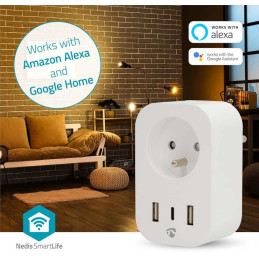 NEDIS Wi-Fi chytrá zásuvka/ měřič spotřeby/ 16A/ francouzský typ E/ IP21/ 3680 W/ 1x USB-C/ 2x USB/ bílá