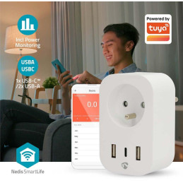 NEDIS Wi-Fi chytrá zásuvka/ měřič spotřeby/ 16A/ francouzský typ E/ IP21/ 3680 W/ 1x USB-C/ 2x USB/ bílá