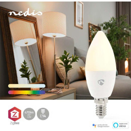 NEDIS chytrá LED žárovka/ Zigbee 3.0/ E14/ 9W/ 230V/ 470lm/ teplá až studená bíla/ 2700–6500K/ RGB/ stmívatelná