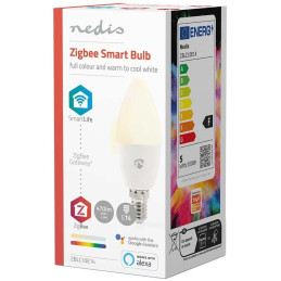 NEDIS chytrá LED žárovka/ Zigbee 3.0/ E14/ 9W/ 230V/ 470lm/ teplá až studená bíla/ 2700–6500K/ RGB/ stmívatelná