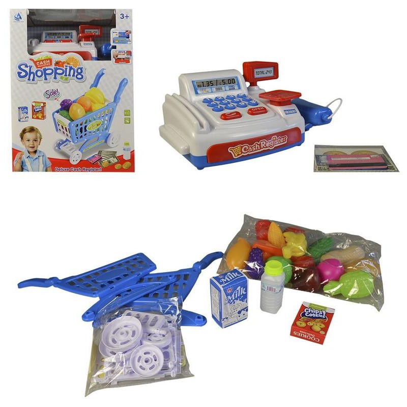 MaDe, Pokladna na baterie a nákupní košík, 20cm pokladna, zvuk při platbě, projetí kartou, scan, vážení, bílá