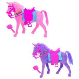 Kůň jednorožec s odnímatelnou uzdečkou, náhrdelníkem, podsedlovou podložkou, sedlem a kartáčem, 17 x 16 x 4 cm