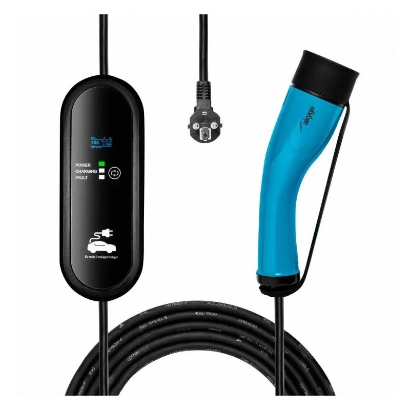 Przewód zasilający Akyga do pojazdów elektrycznych Typ 2, wyświetlacz LCD, skrzynka sterownicza, 1-fazowy 16A 3,8kW, długość 5m