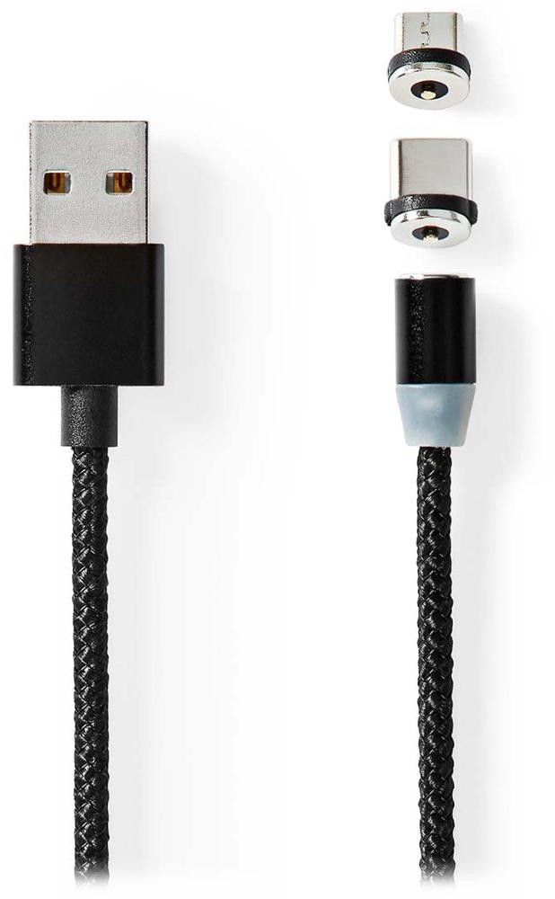 NEDIS USB 2.0 kábel/ USB-A Zástrčka - USB micro-B zástrčka/USB-C zástrčka/ magnet konektory/ čierny/ blister/ 2 m