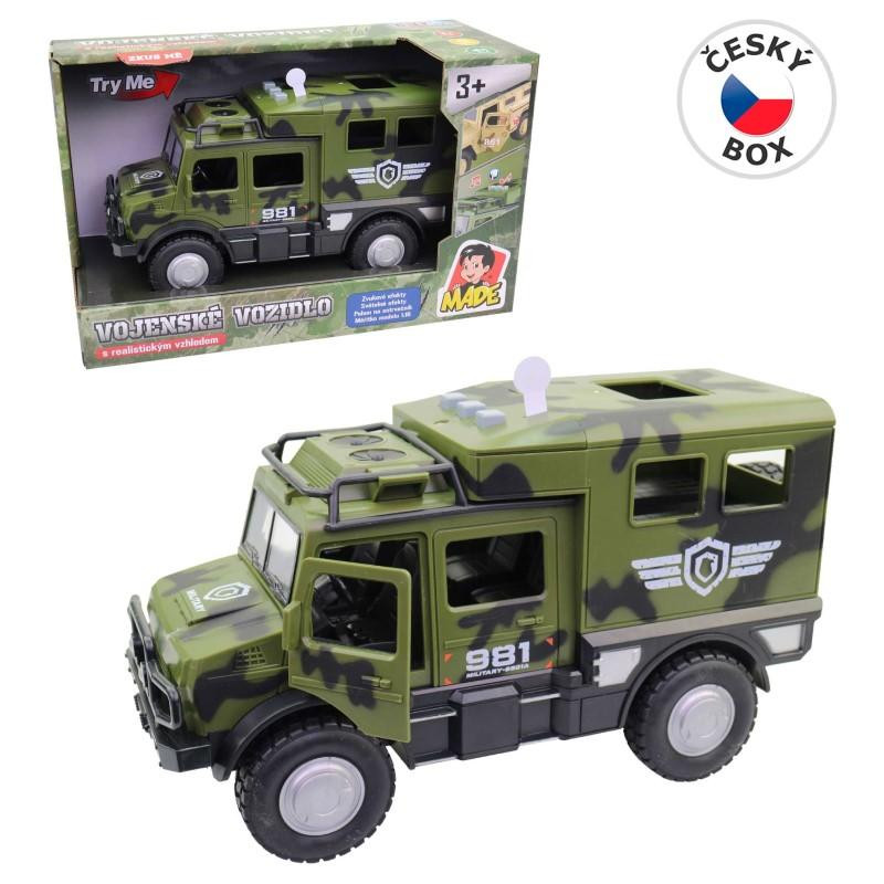 Vojenské auto, na baterie, světlo a zvuk, setrvačník, 25 cm