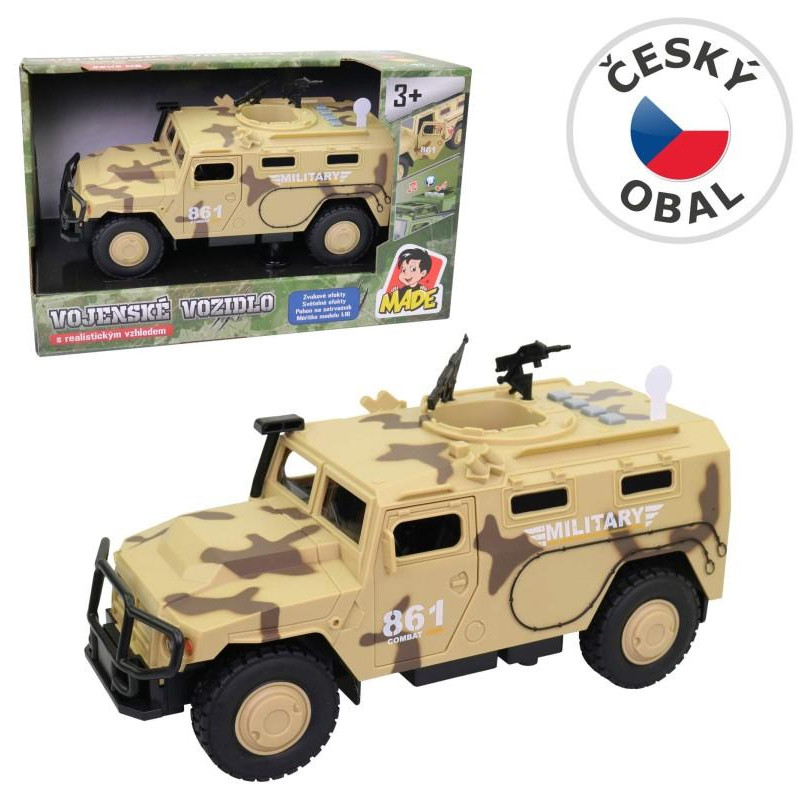 Vojenské auto, na baterie, světlo a zvuk, setrvačník
