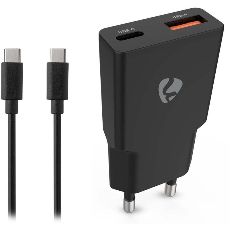 NEDIS síťová nabíječka/ 20 W/ PD 3.0/ rychlé nabíjení/ 1.5 / 2.0 / 2.22 / 3.0 A/ USB-A/ USB-C/ černá/ kabel 1,5m