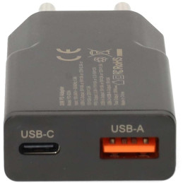 NEDIS síťová nabíječka/ 30 W/ PD 3.0/ rychlé nabíjení/ 1.5 / 2.0 / 2.22 / 3.0 A/ USB-A/ USB-C/ černá/ kabel 1,5m