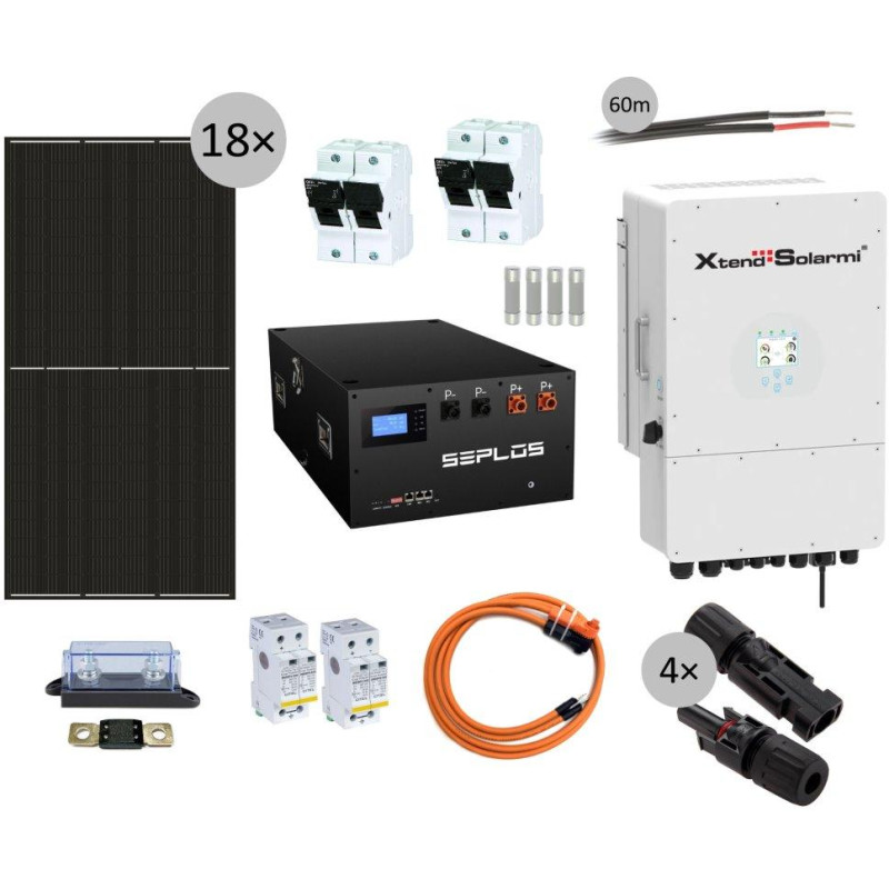 Solarmi HG8000M solárna elektráreň: 14,3kWh LiFePO4, 8kW hybridný menič s limiterom, 18x solárny panel (8,64kWp)