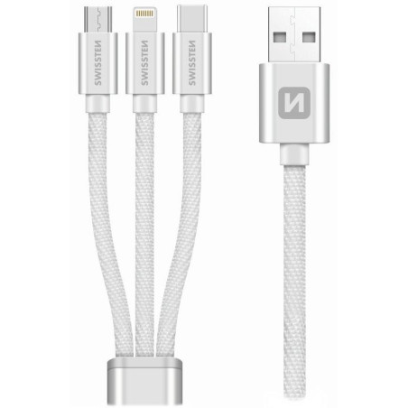 Swissten Dátový kábel 3in1 MFi, 1,2 m, textilný, (micro USB, USB-C, Lightning) strieborný