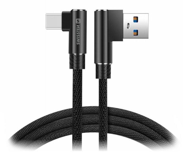 Swissten textilný dátový kábel Arcade USB / USB-C 1,2 M / L konektory / Čierny