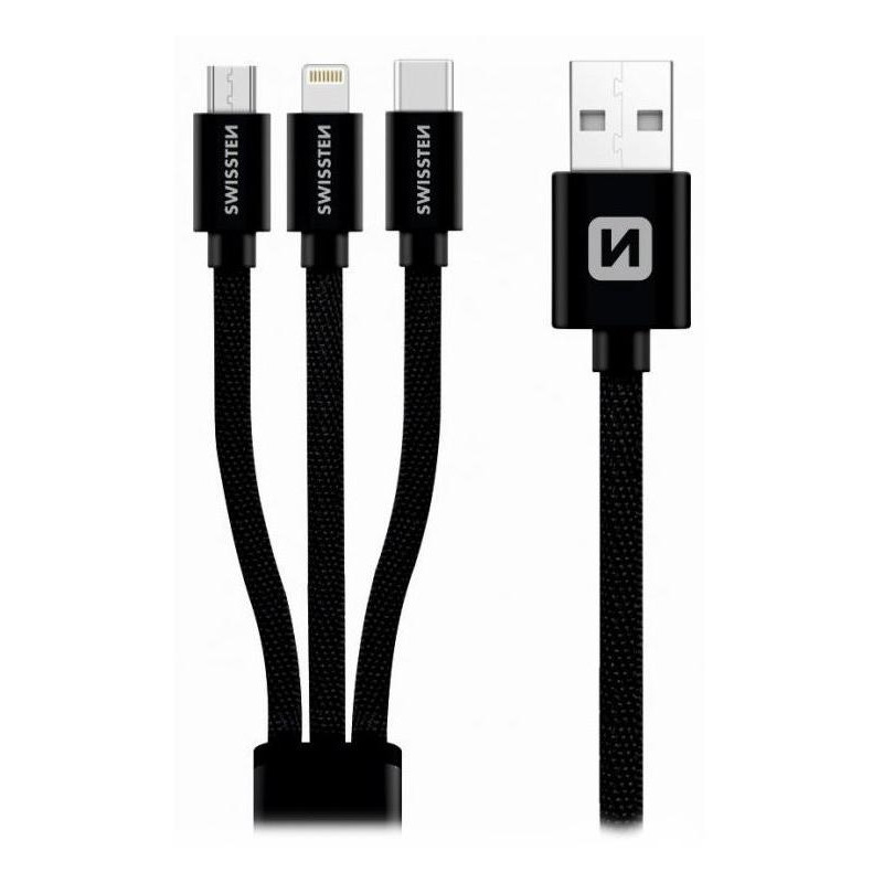 Kabel danych Swissten 3w1 MFi, 1,2 m, tekstylny, (micro USB, USB-C, Lightning) czarny