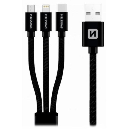 Swissten 3in1 MFi Datenkabel, 1,2 m, Textil, (Micro USB, USB-C, Lightning) schwarz