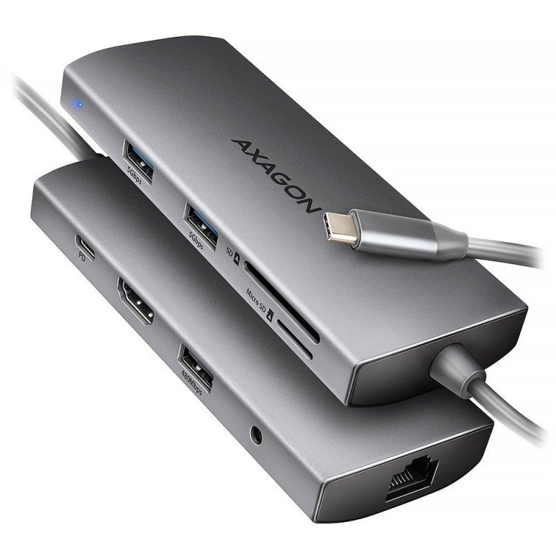 AXAGON multi hub USB-C 9w1 / HMC-8HLSA / USB 3.2 Gen1 / 1x PD 100W / 1xHDMI / 3x USB-A / RJ-45 / gniazdo 3,5 / SD / 20cm